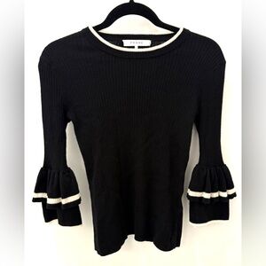 FRAME Women’s Tiered Ruf­fle Cuff Sweater Wool Blend,  Size XS Black Cream